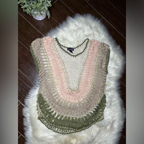 Questions by Say What Open Weave Pink Gold Shimmers Sweater Sz Large - Picture 1 of 5
